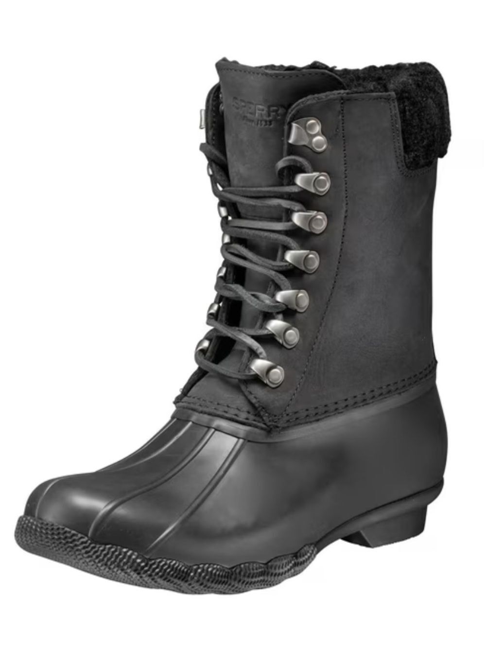 SPERRY 12 Black Saltwater Tall Cozy Top Sider Leather Lace Insulated Duck Boots